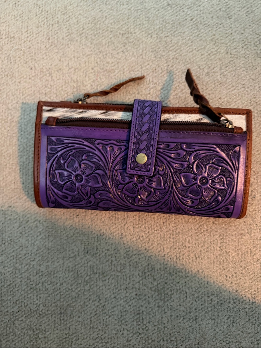 Purple Floral Tooled Leather Wallet Clutch